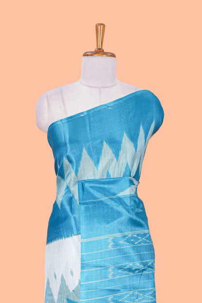 Blue & white geometric ikkat style south cotton saree with striped pallu and blouse