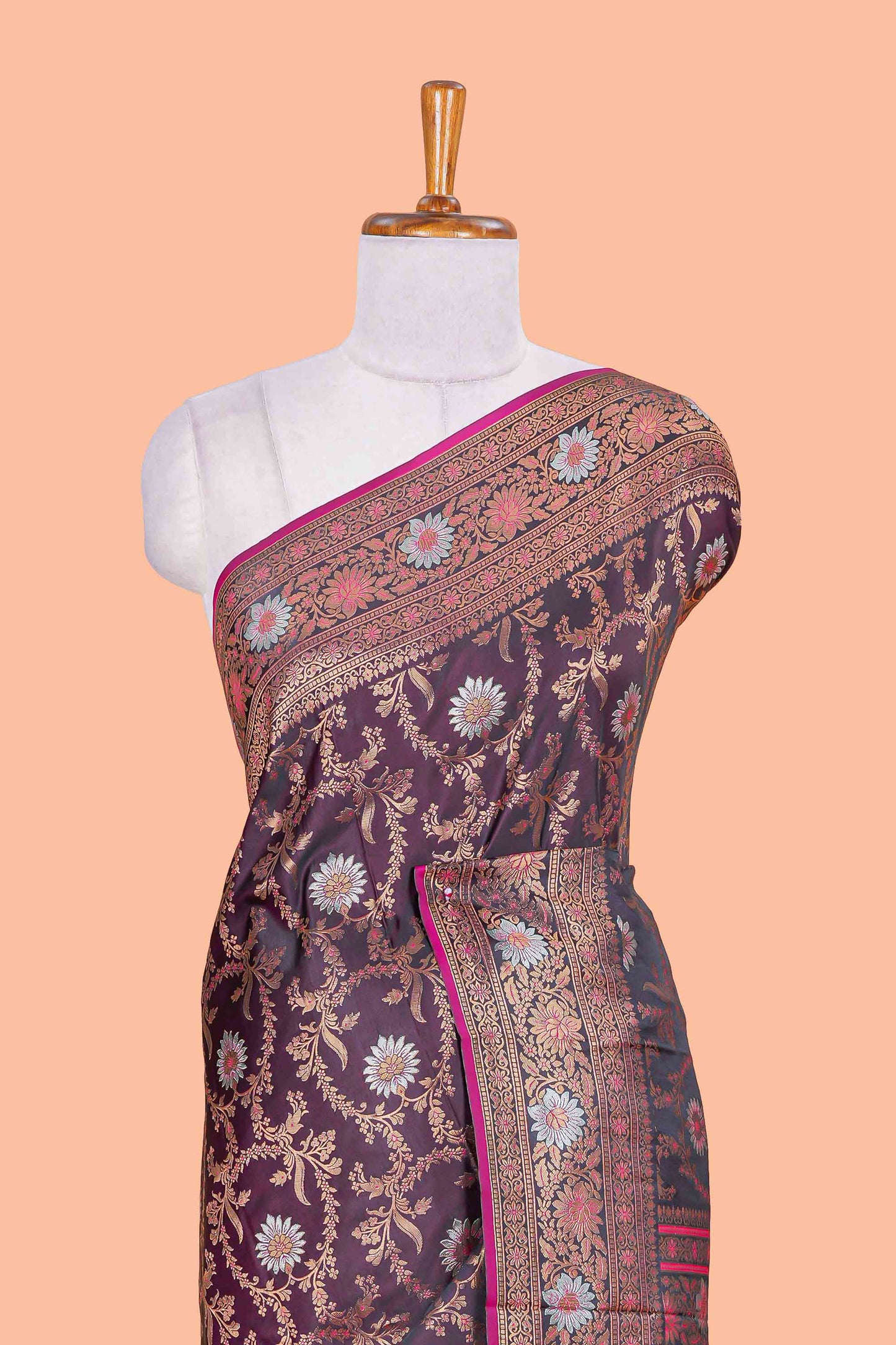 Dark Maroon Satin Silk Saree All Over Body Woven Jaal Design