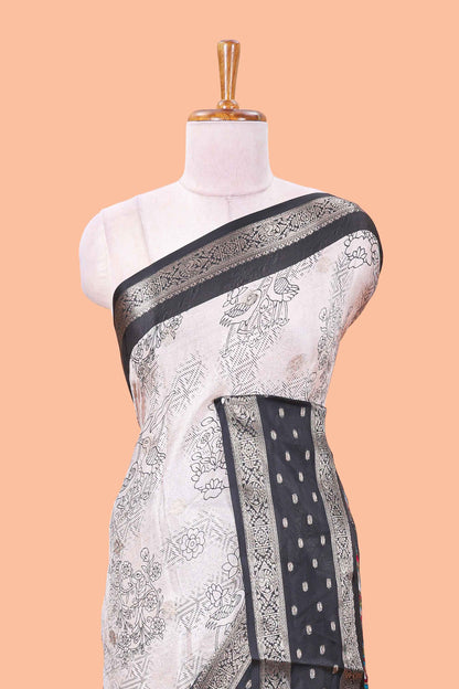 Black Mars Georgette Body Floral Print With Contrast Bentex Border Above Kalamkari Print With Kalamkari Pallu