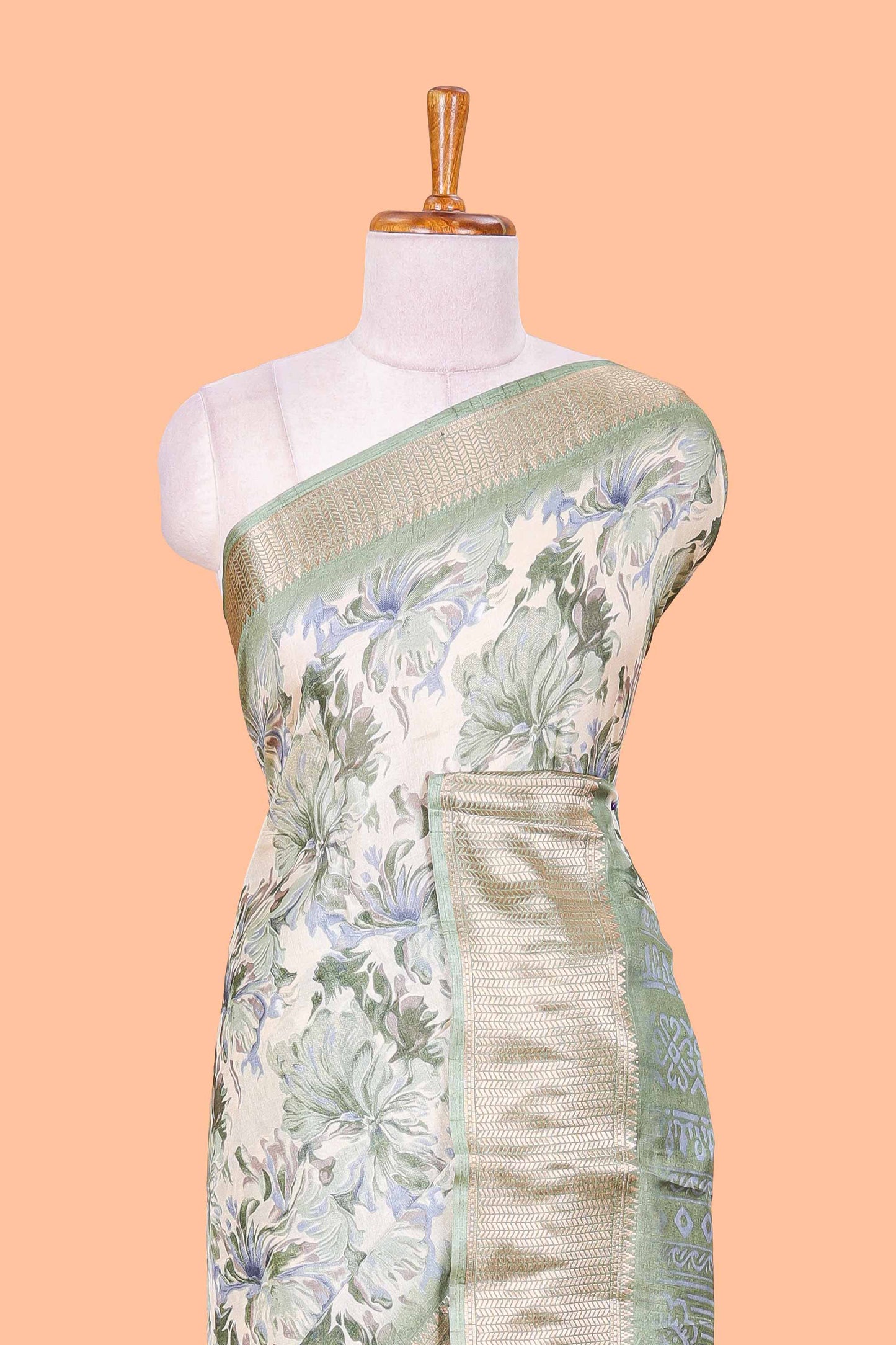 Powder Green  Semi Banaras Dola Silk Floral Printed With Jacquard Border