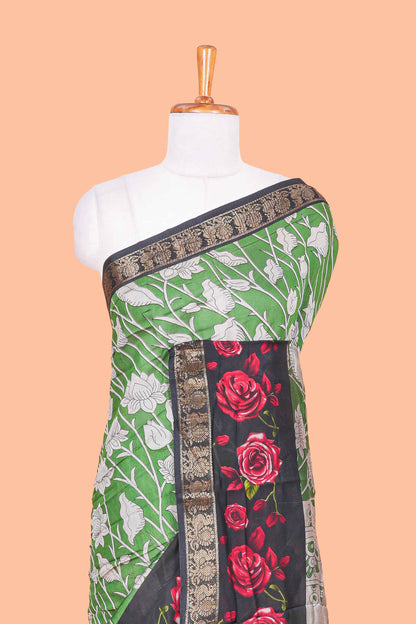 Green Chanderi Cotton Body and Pallu Kalamkari Print With Zari Border