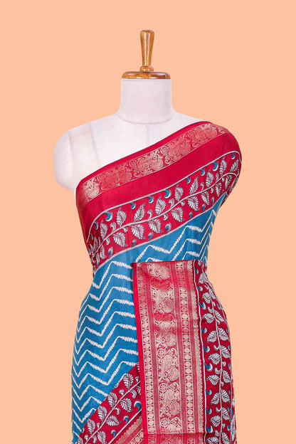 Turkish Blue Tusser Silk Geometrical Design With Jacquard Border