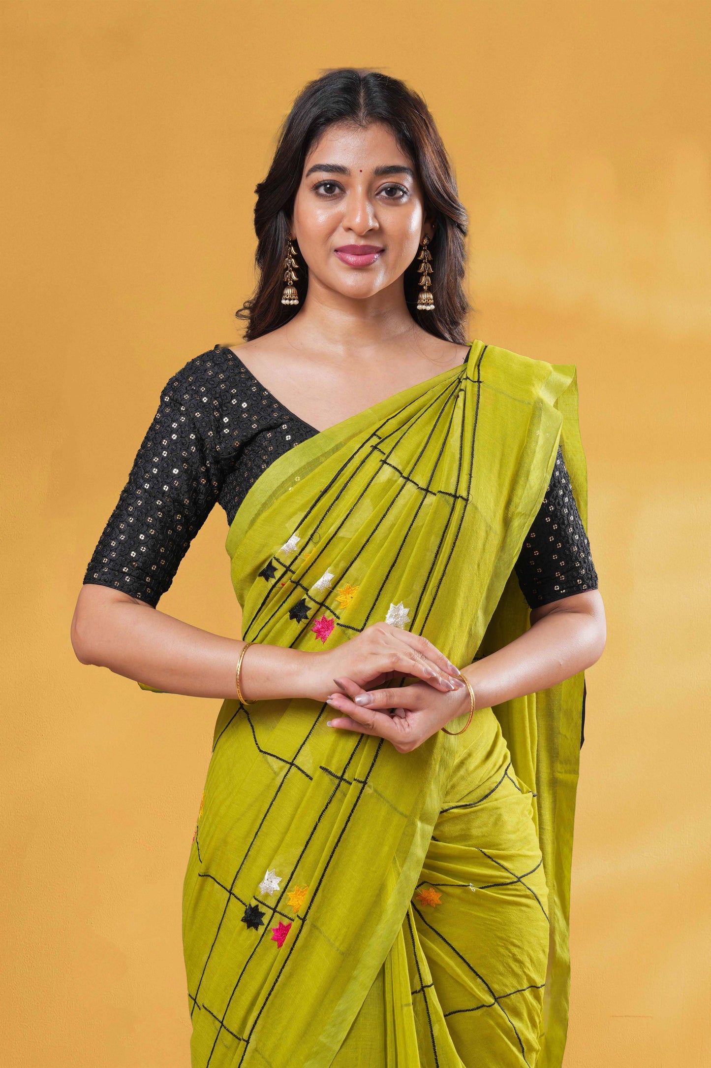 Olive Green Khadi Cotton Saree All-Over Check , Minimal Embroidery