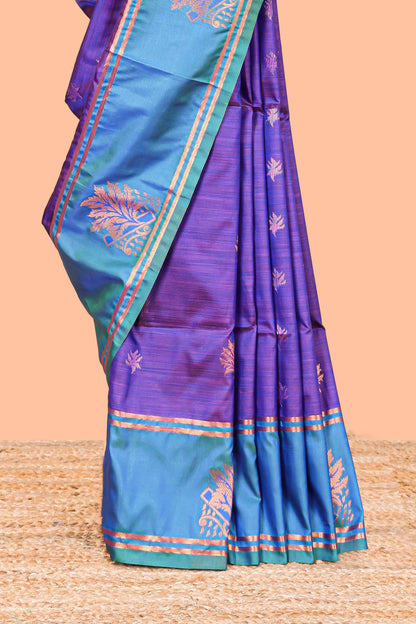 Violet Semi Soft Silk Saree Body All Over Leaf Motifs Zari Butti And Bentex Border With Grand Zari