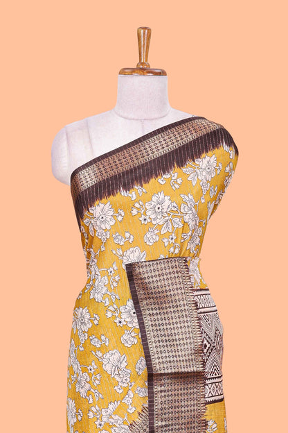 Yellow Dola Silk Saree  Floral Printed With Jacquard Border