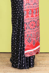 Black Modal Silk Saree Bandhani Print Across The Body With Ajrakh Design Pallu Along With Blouse
