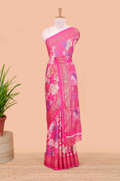 Rose pink moss chiffon floral print saree with gold zari border and pallu