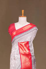 White Dola Silk Saree Pen Kalamkari Print Across The Body With Contrast Floral Zari Weaving Border Along With Zari Stripes Blouse