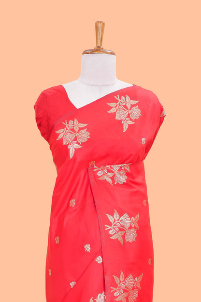 Red Art Silk Saree Flower Zari Motifs Across The Body &Jaal Design Pallu Along With Blouse