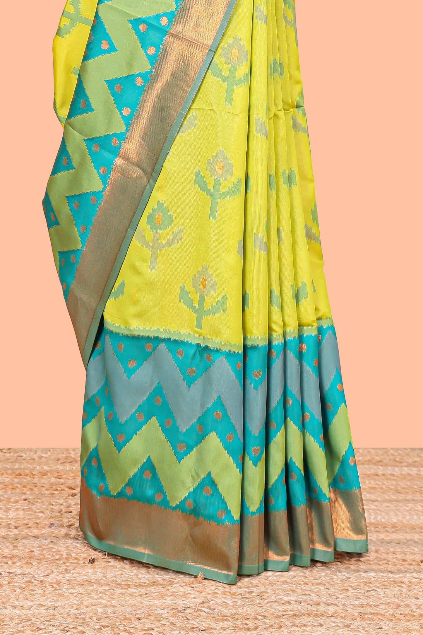 Parrot Green Semi Soft Silk Saree Body All Over Ikkat Pochampally Thread Weaving and Chevron Pattern Border With Ikkat Rich Pallu