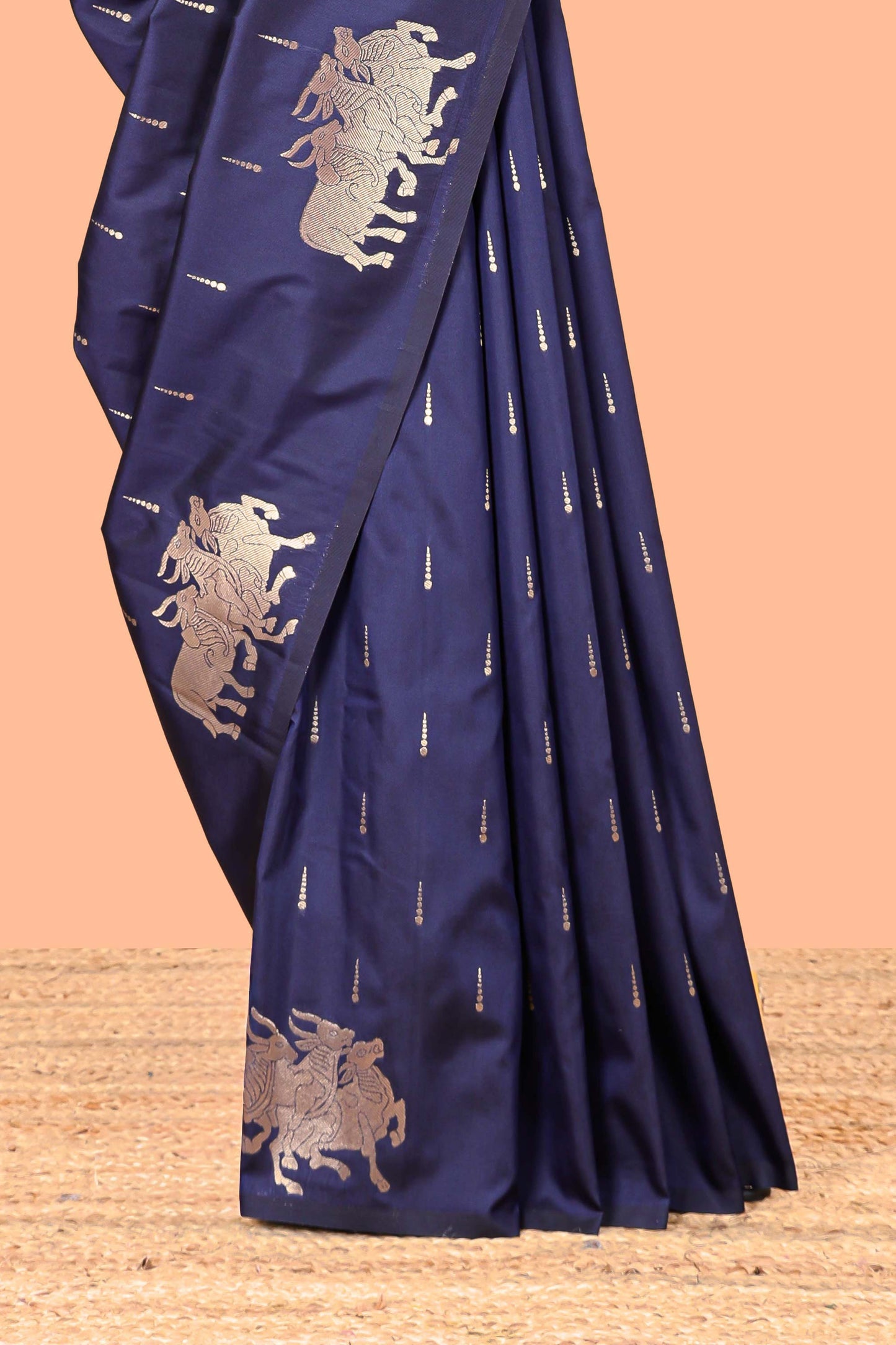 Navy Blue Semi Soft Silk Saree Body Rain Drop Butti and Border Nandhi Motifs and Grand Zari Rich Pallu