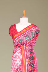 Red Art Silk Saree Chevron Design Across The Body With Contrast BorderPatola Design Pallu Along Blouse