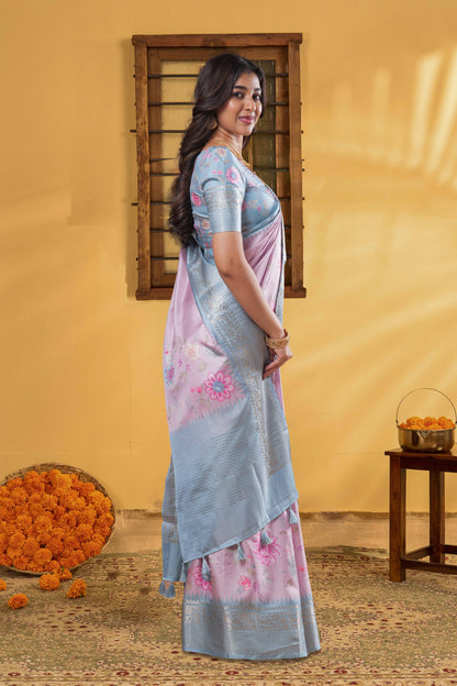 Pink Art Tussar Saree Digital Floral Across The Body & Zari Stripes Pallu