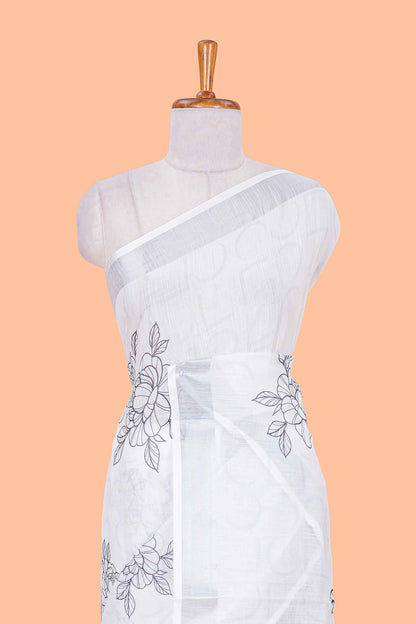 White floral design linen cotton saree with self silver zari border printed blouse
