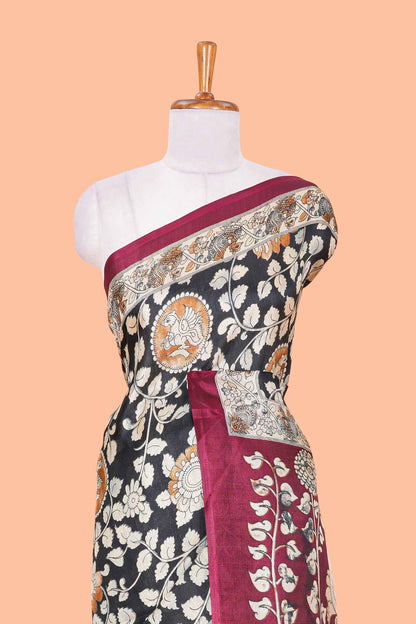 Black floral vine kalamkari style south cotton saree with contrast border and blouse