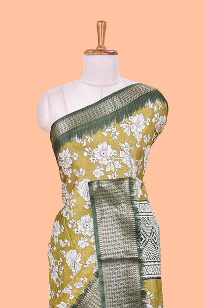 Green  Dola Silk Saree  Floral Printed With Jacquard Border