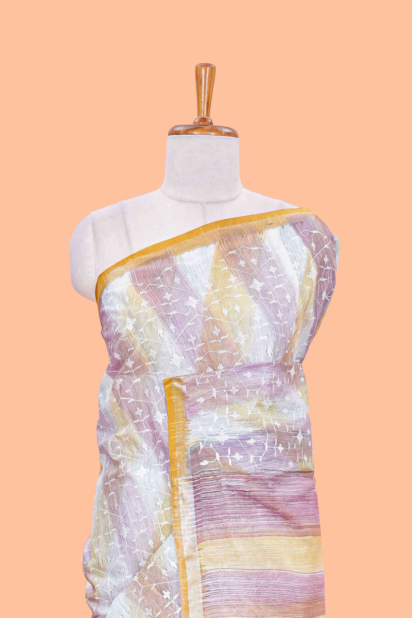 Art Tussar Multi Print With Chikenkaari Work Border Less With Tassels