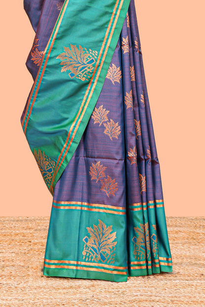 Navy Blue Semi Soft Silk Saree Body All Over Leaf Motifs Zari Butti And Bentex Border With Grand Zari
