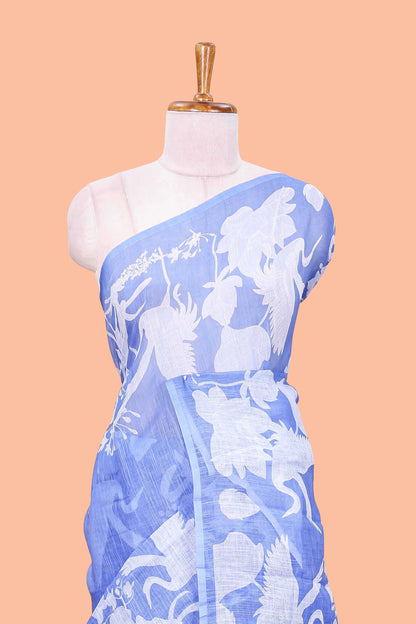 Blue Linen Cotton Body Lotus Flower With Border Crane And Lotus Print and Printed Blouse
