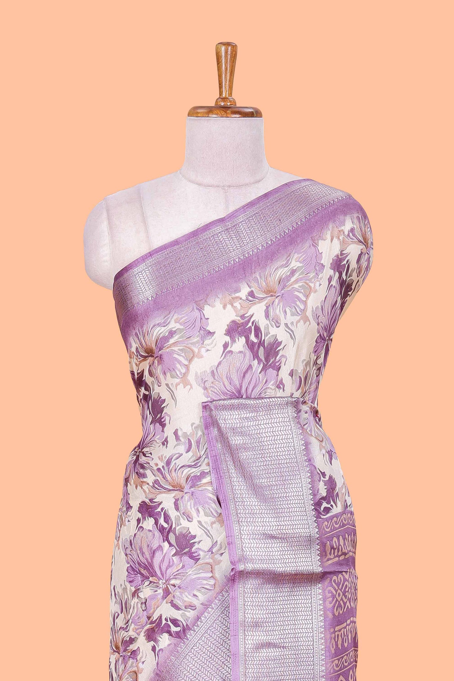 Lavender Semi Banaras Dola Silk Floral Printed With Jacquard Border