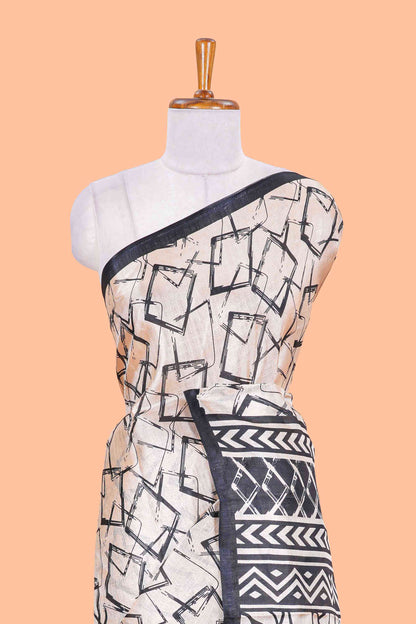 Cream Khadi Cotton Geometrical Print Design In Body And Pallu