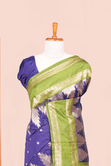 Blue Semi Art Silk Saree Delicate Golden Zari Motifs Along With Thalampoo Zari Woven Across The Body. The Border Is Broad With Intricate FloralZari Weaving Rich Golden Zari Pallu