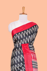 Black ikkat style chevron print south cotton saree with contrast border and blouse
