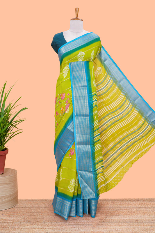 Green striped floral design chiffon georgette saree with contrast border and matching blouse