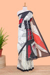 White geometric art lichi silk saree, contrast border and blouse and printed pallu