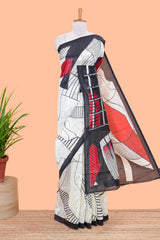 White geometric art lichi silk saree, contrast border and blouse and printed pallu