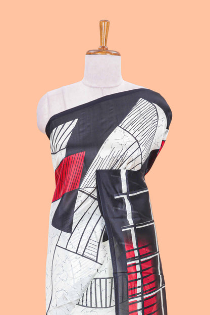 White geometric art lichi silk saree, contrast border and blouse and printed pallu