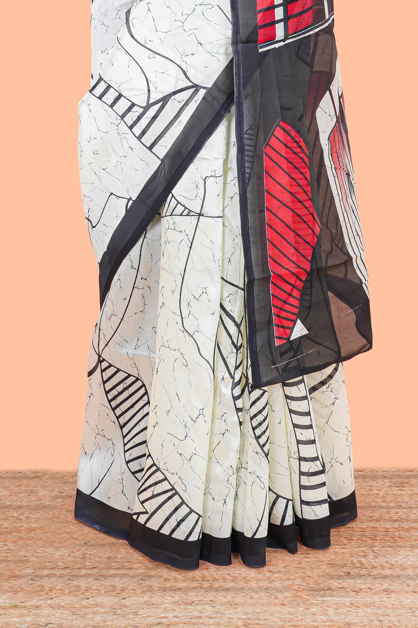 White geometric art lichi silk saree, contrast border and blouse and printed pallu