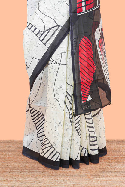 White geometric art lichi silk saree, contrast border and blouse and printed pallu