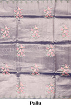 Steel blue floral design motifs art tissue saree with scallop design border and matching plain blouse