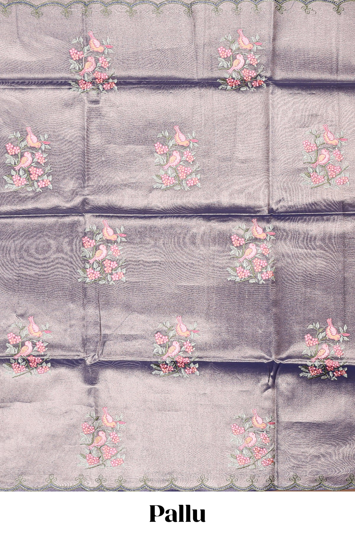 Steel blue floral design motifs art tissue saree with scallop design border and matching plain blouse