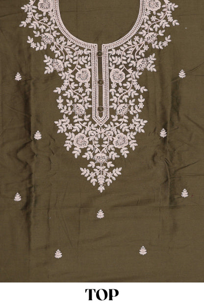 Green embroidered cotton silk chudidhar material with sequin thread work and contrast dupatta