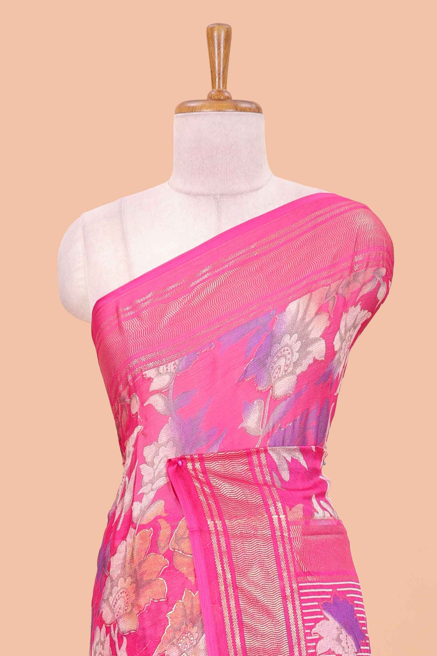 Rose pink moss chiffon floral print saree with gold zari border and pallu