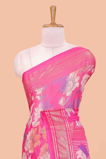 Rose pink moss chiffon floral print saree with gold zari border and pallu