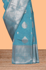 Blue zari motifs art silk saree with self zari border and matching zari motifs blouse