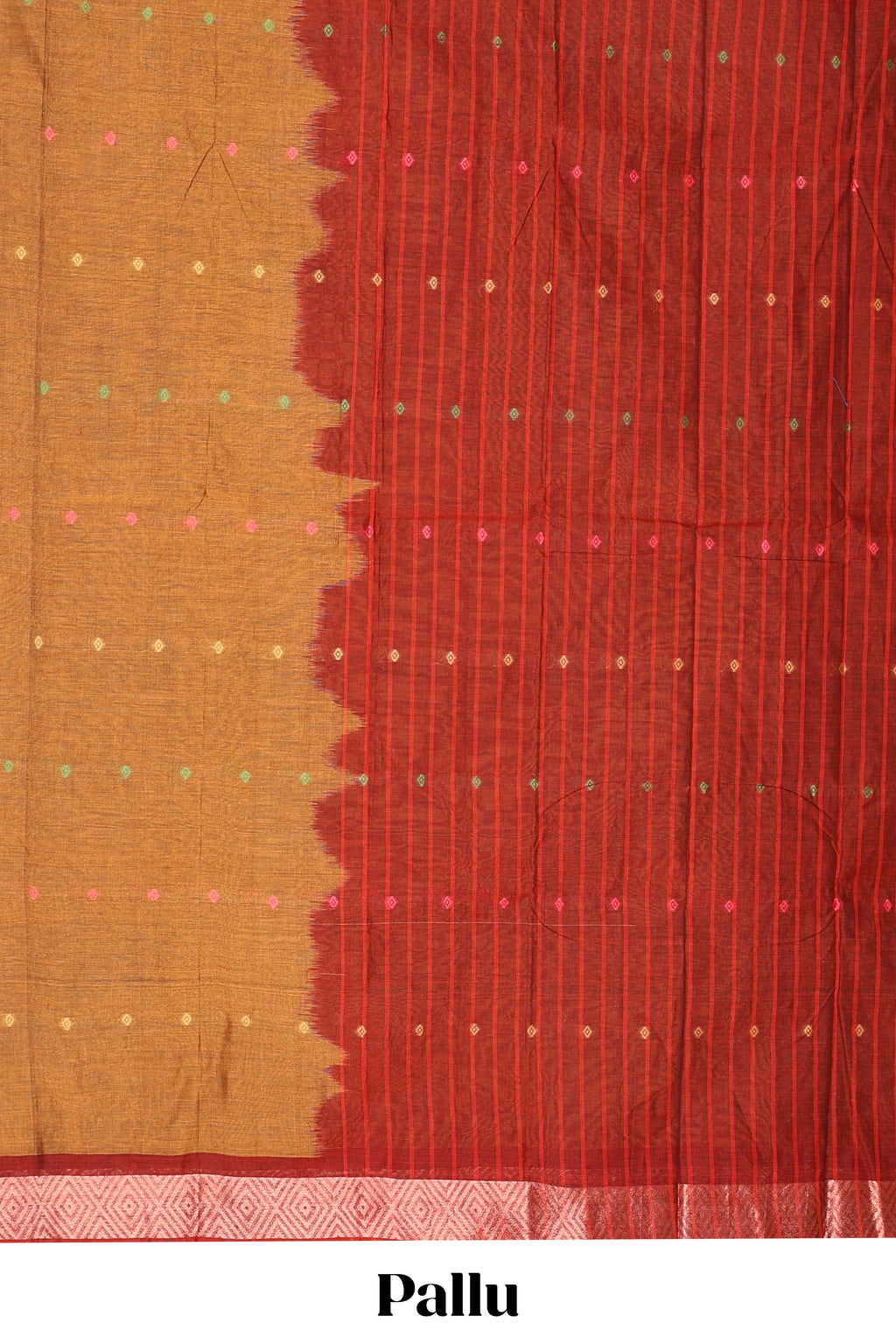 Bronze color small butta bengal cotton saree with contrast zari border and striped pallu