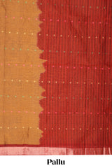 Bronze color small butta bengal cotton saree with contrast zari border and striped pallu