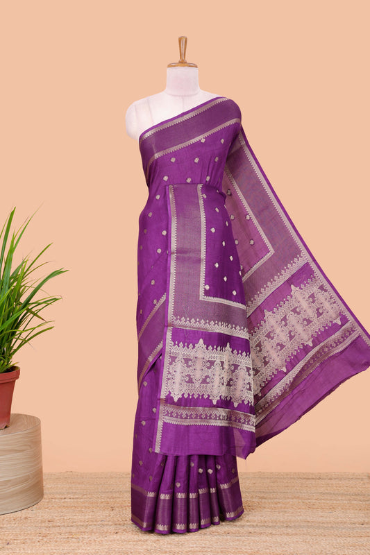 Lavender dola silk saree with all over zari butta, bendex zari border, rich zari pallu and contrast blouse