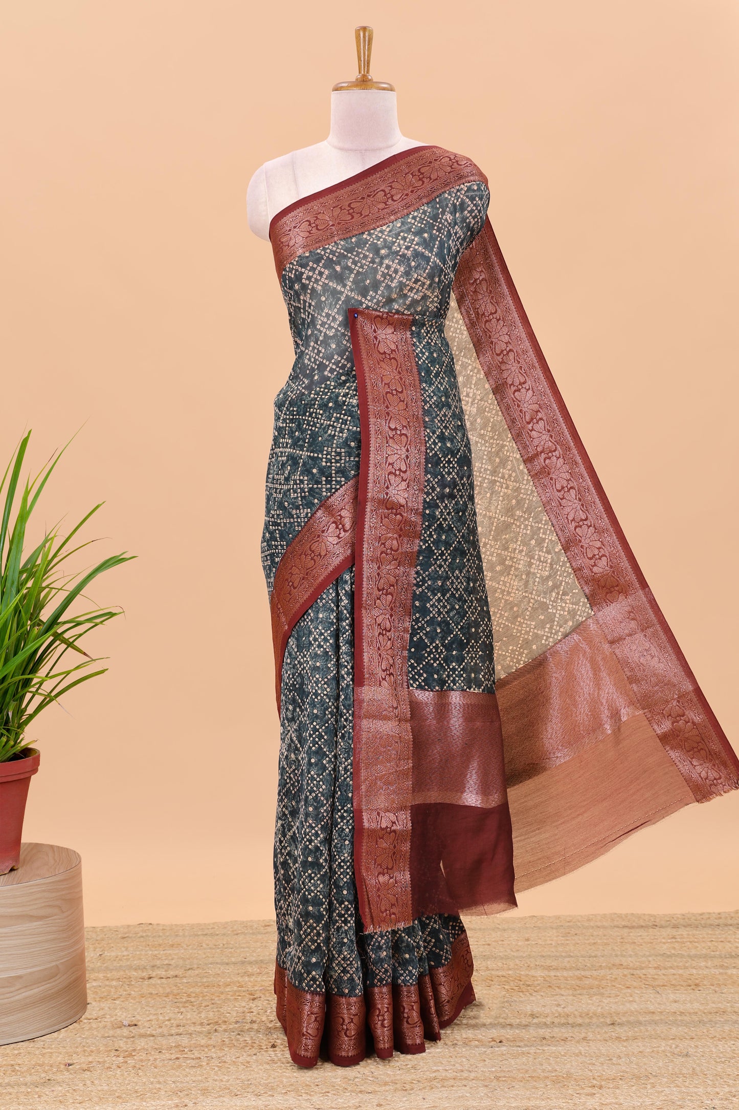 Black chanderi cotton saree with geomentric design, contrast zari border and pallu