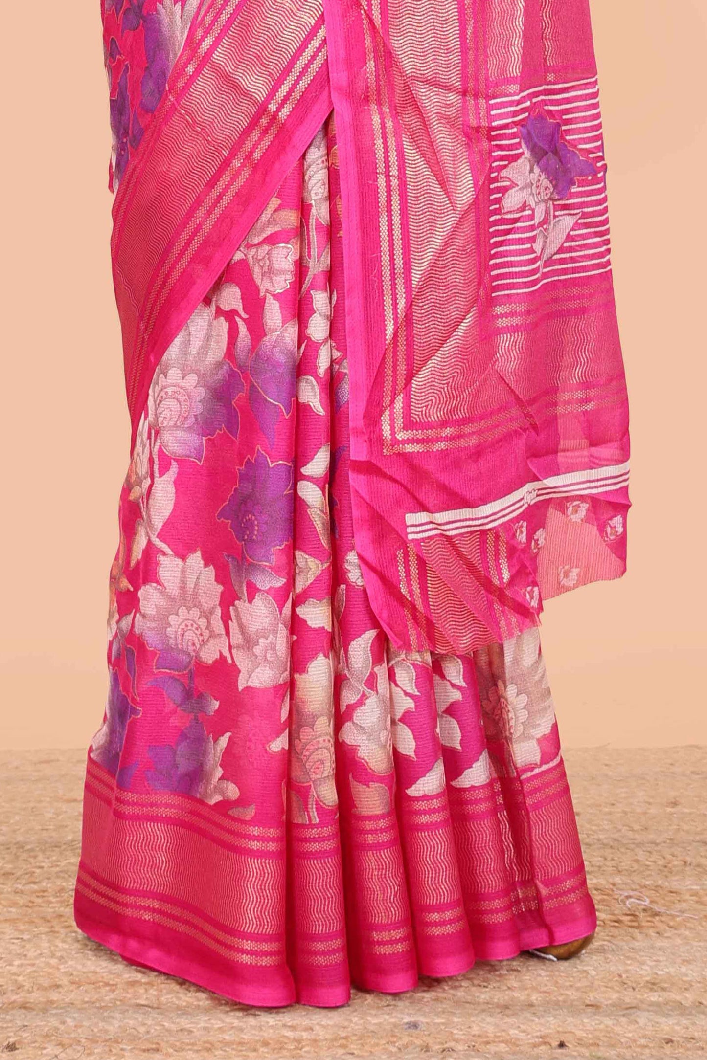 Rose pink moss chiffon floral print saree with gold zari border and pallu