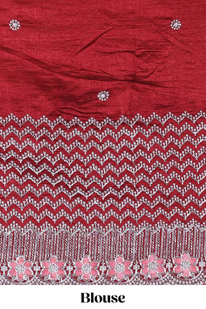 Pink designer georgette space silk saree with heavy stone & beads work, short pallu and contrast sequin embroidered blouse