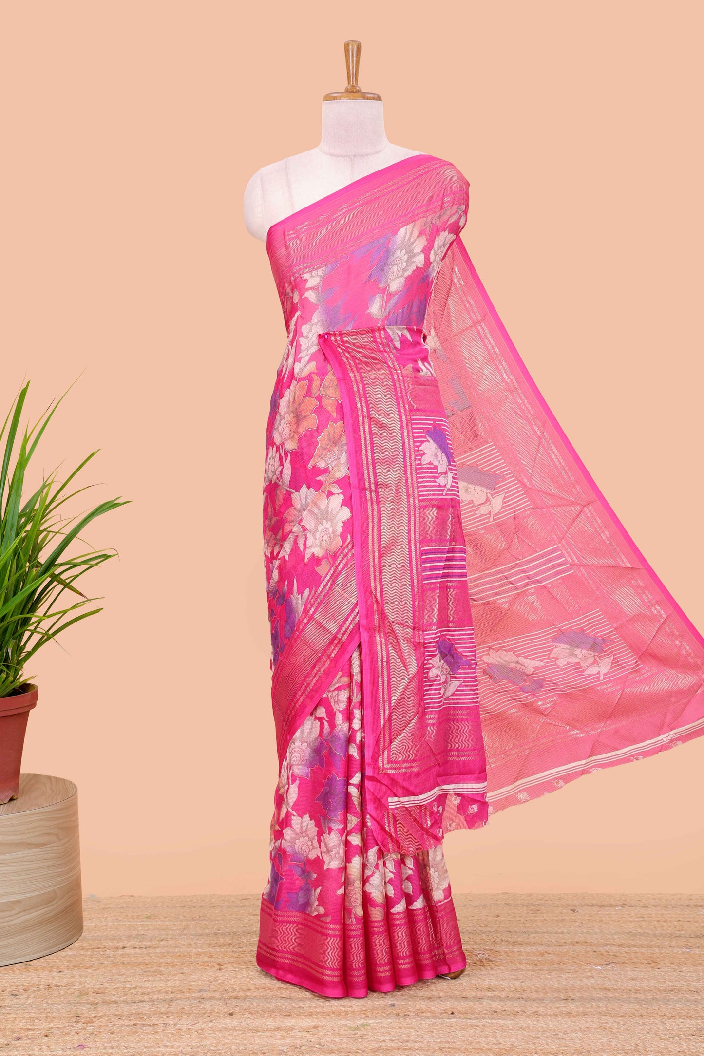 Rose pink moss chiffon floral print saree with gold zari border and pallu