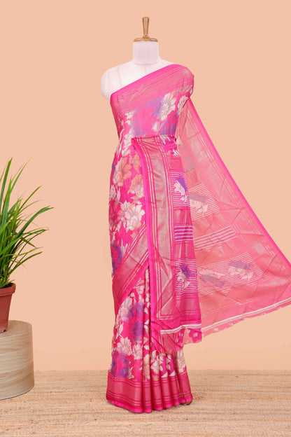 Rose pink moss chiffon floral print saree with gold zari border and pallu