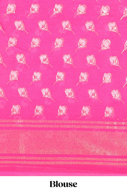 Rose pink moss chiffon floral print saree with gold zari border and pallu