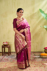 Kanchipuram Traditional Silk Saree in Magenta with Gold Zari Buttas & Self Border