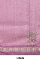 Tussar saree in beige tone delicate floral embroidery featuring violet borders and woven pallu along with contrast blouse